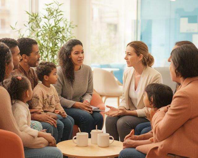Familias de distintos orígenes conversando con una profesional en un centro social luminoso de Figueres
