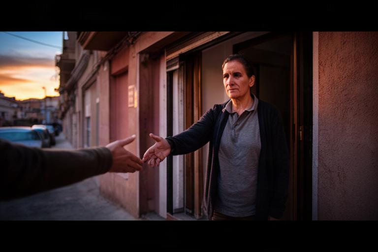 Mano tendida a una persona adulta frente a un portal de vivienda en Figueres al atardecer
